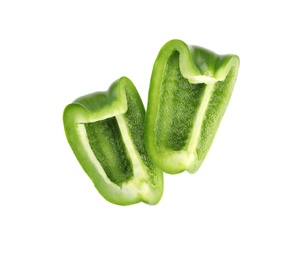 Slices of fresh green bell pepper on white background, top view