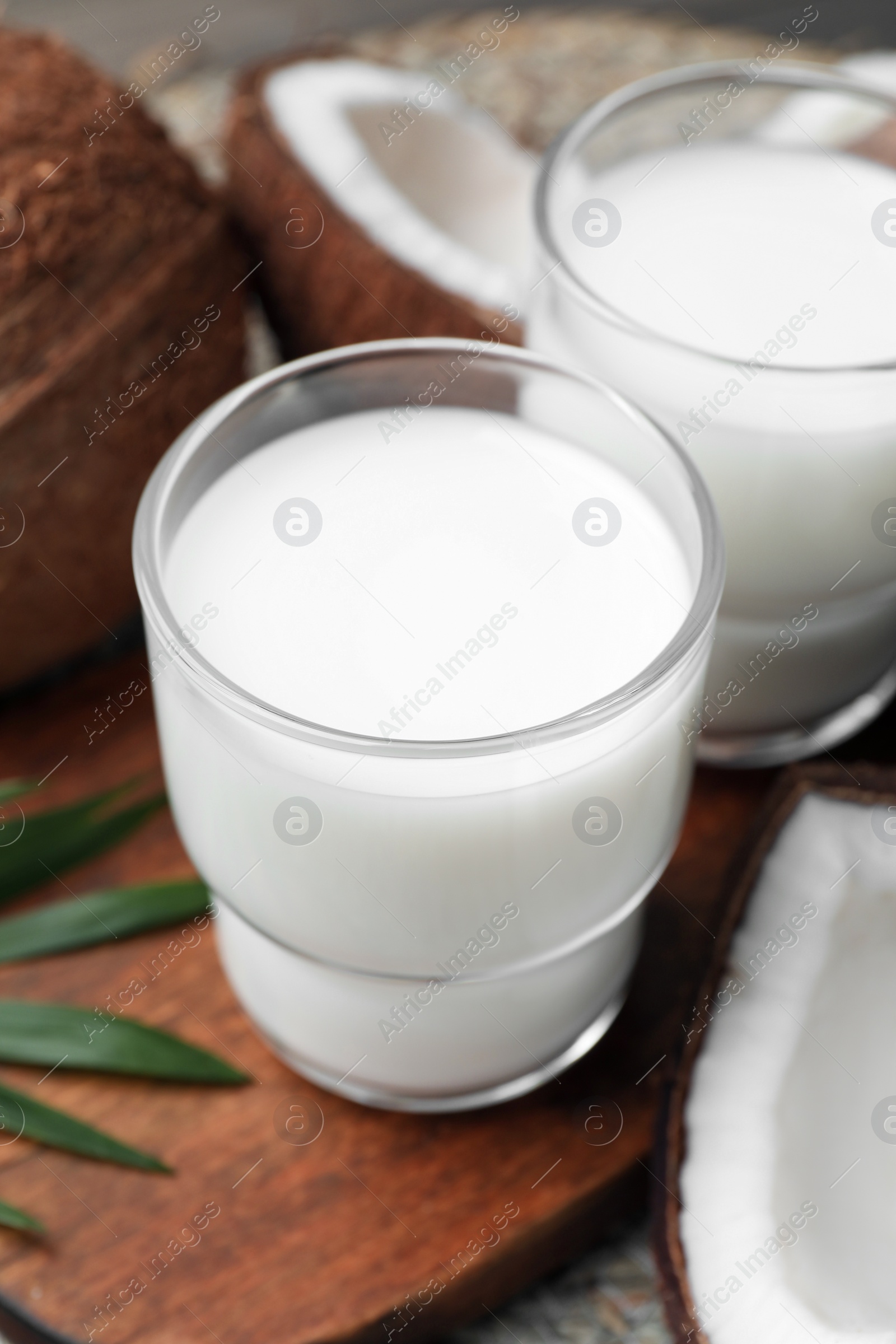 Photo of Glasses of delicious coconut milk, palm leaf and coconuts on wooden board