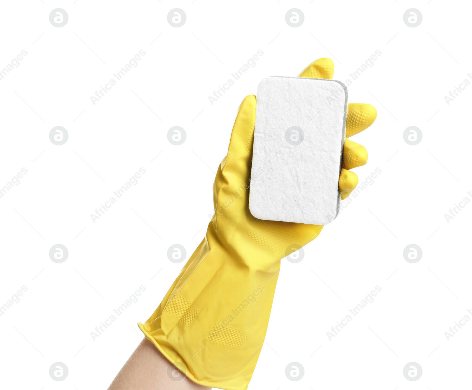 Photo of Person in rubber glove with sponge on white background, closeup of hand