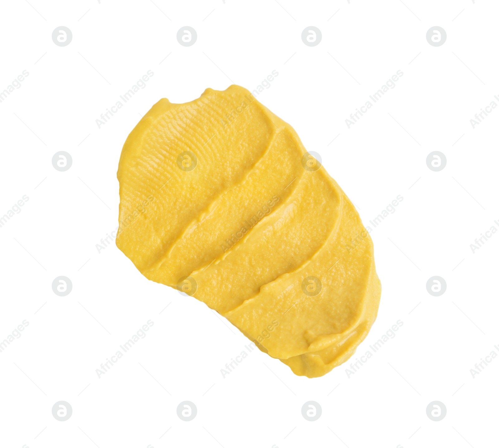 Photo of Tasty mustard isolated on white, top view. Spicy sauce