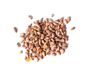 Photo of Pile of different vegetable seeds on white background, top view