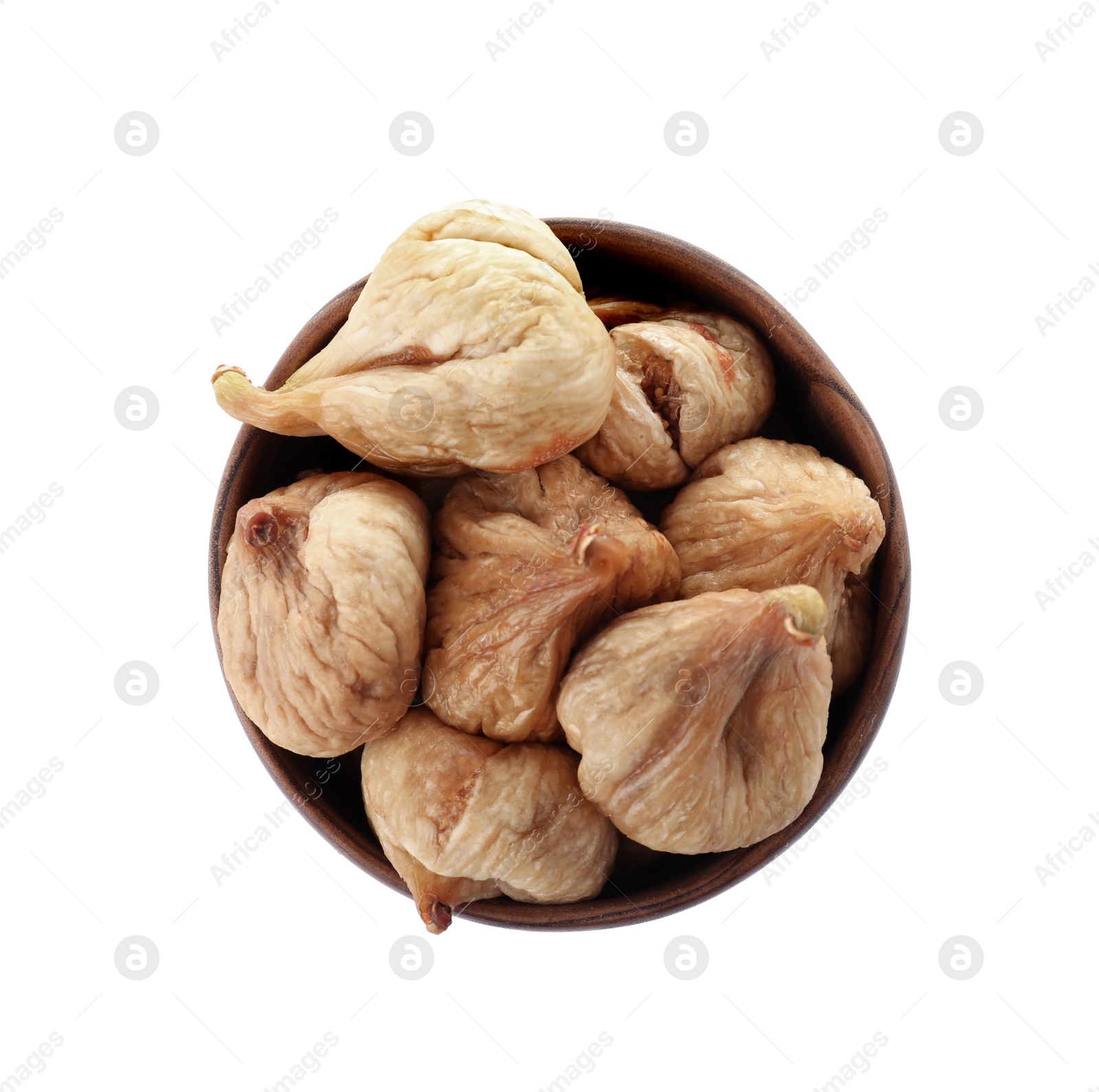 Photo of Bowl with figs on white background, top view. Dried fruit as healthy food