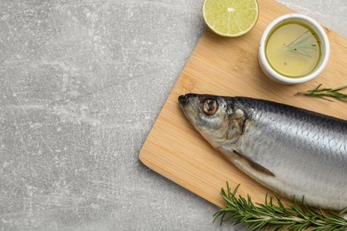 Photo of Wooden board with salted herring, lime, oil and rosemary on grey table, top view. Space for text