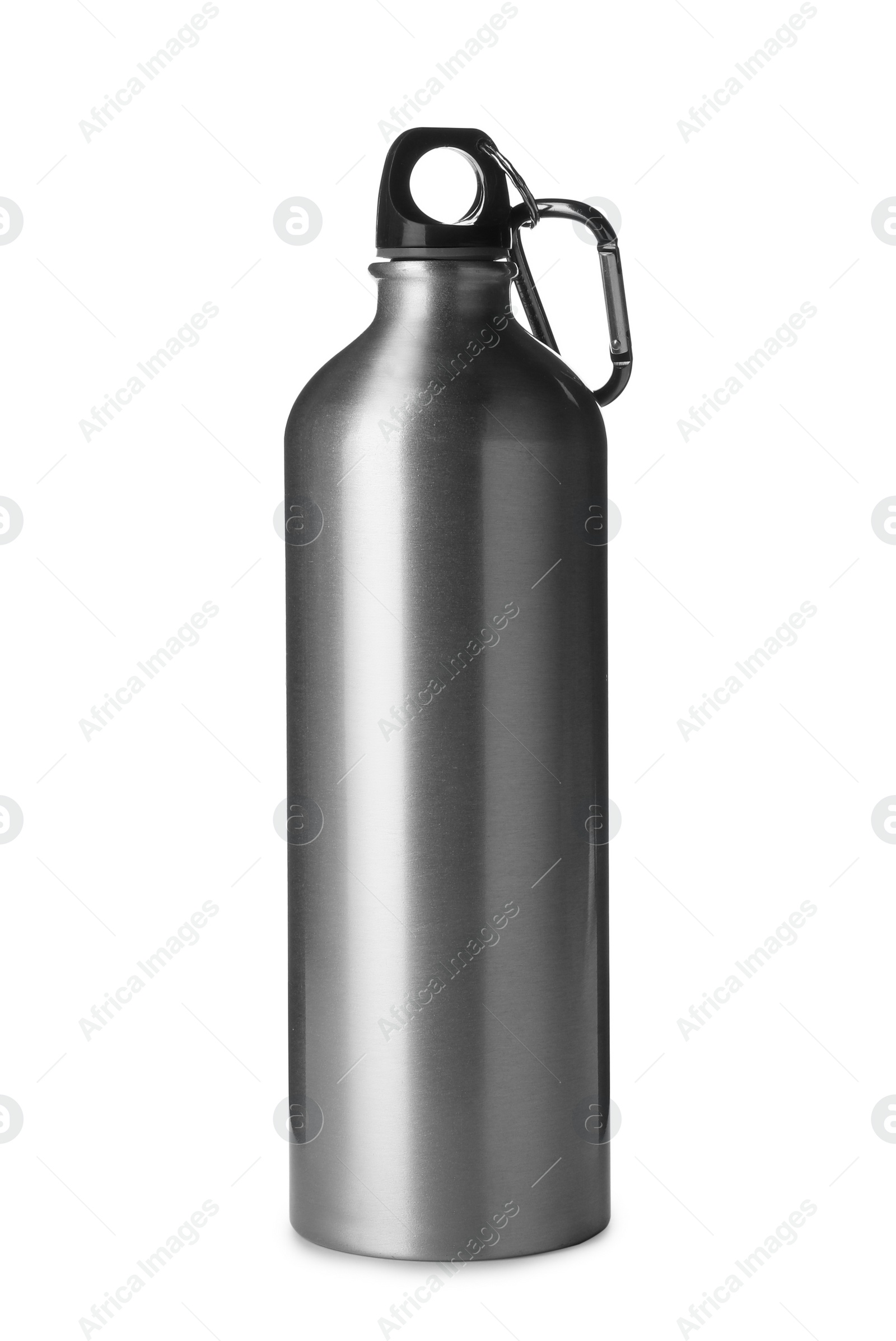 Photo of Stylish metal water bottle with carabiner isolated on white. Cycling accessory