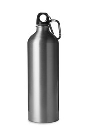Photo of Stylish metal water bottle with carabiner isolated on white. Cycling accessory