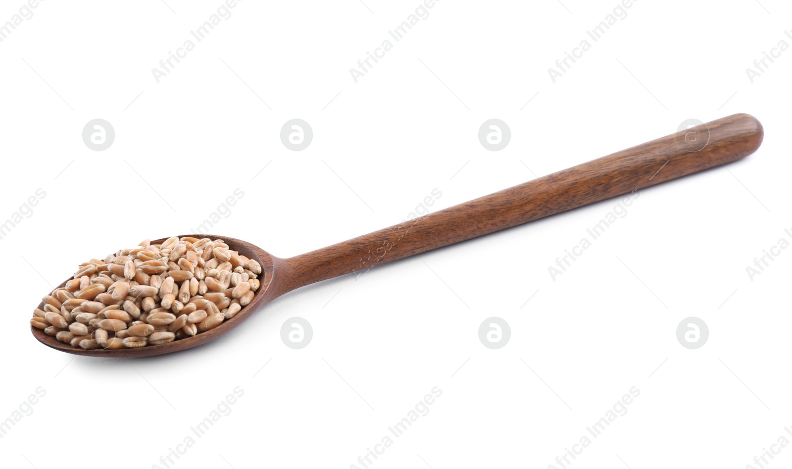 Photo of Wooden spoon with wheat grains isolated on white