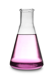 Image of Glass conical flask with purple liquid sample isolated on white. Laboratory analysis