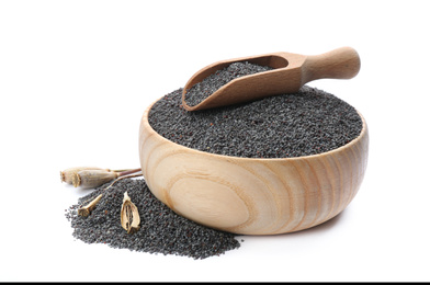 Photo of Bowl and scoop with poppy seeds on white background