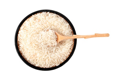 Photo of Plate with uncooked long grain rice and spoon on white background, top view