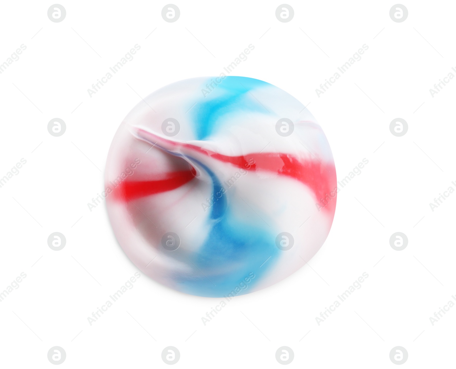 Photo of Smear of colorful toothpaste isolated on white, top view