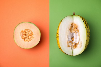 Photo of Cut different types of melons on color background, flat lay