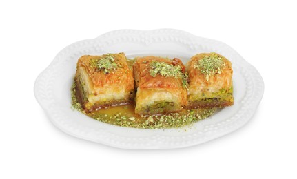 Photo of Delicious fresh baklava with chopped nuts and honey isolated on white. Eastern sweets