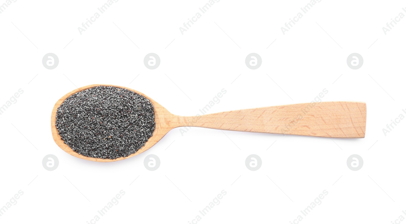 Photo of Spoon with poppy seeds isolated on white, top view