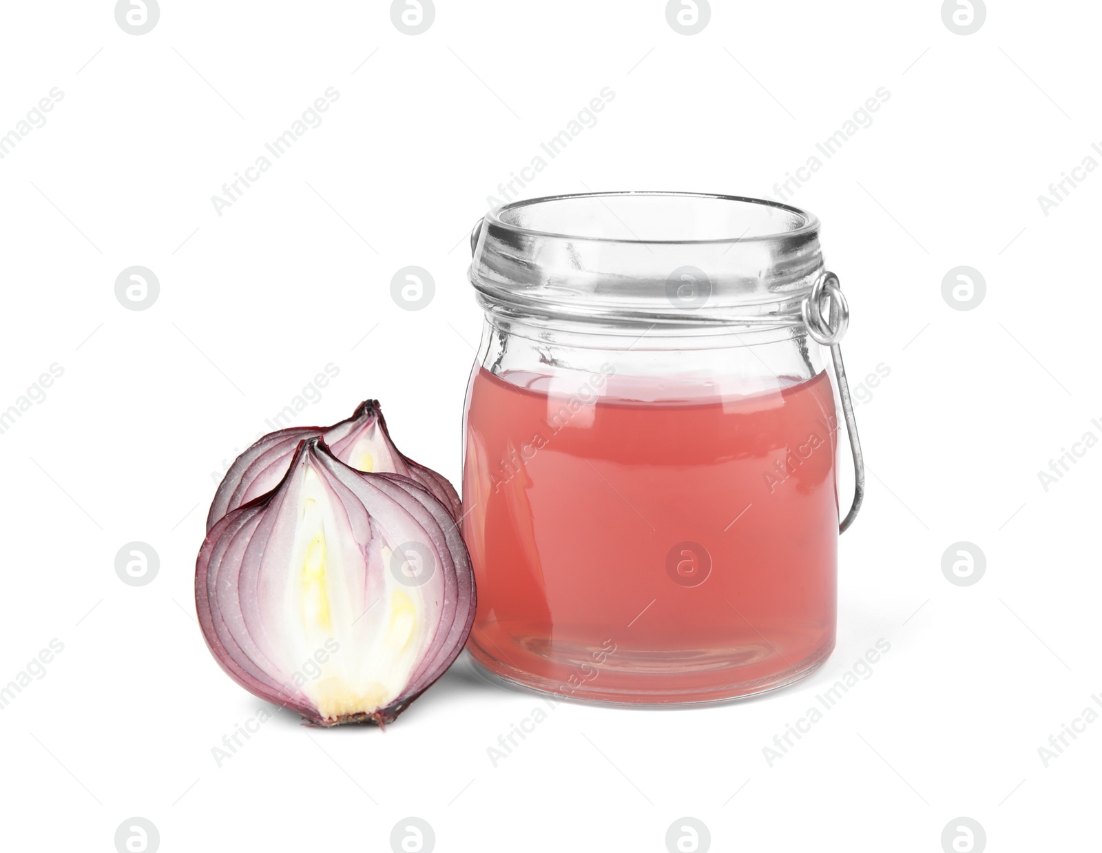 Photo of Glass jar of onion syrup and fresh ingredient on white background