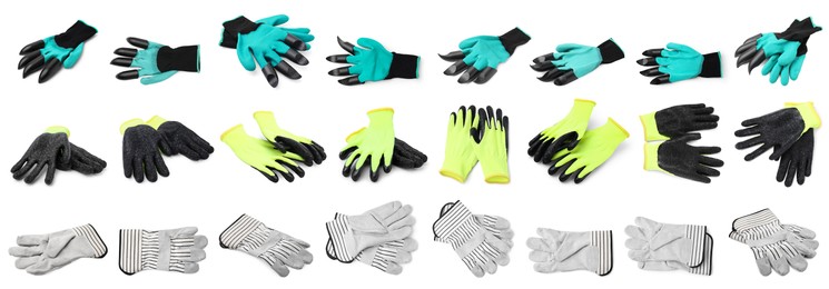 Image of Different gardening gloves isolated on white, set