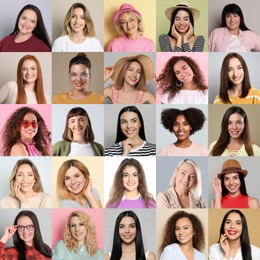 Collage with portraits of happy women on different color backgrounds