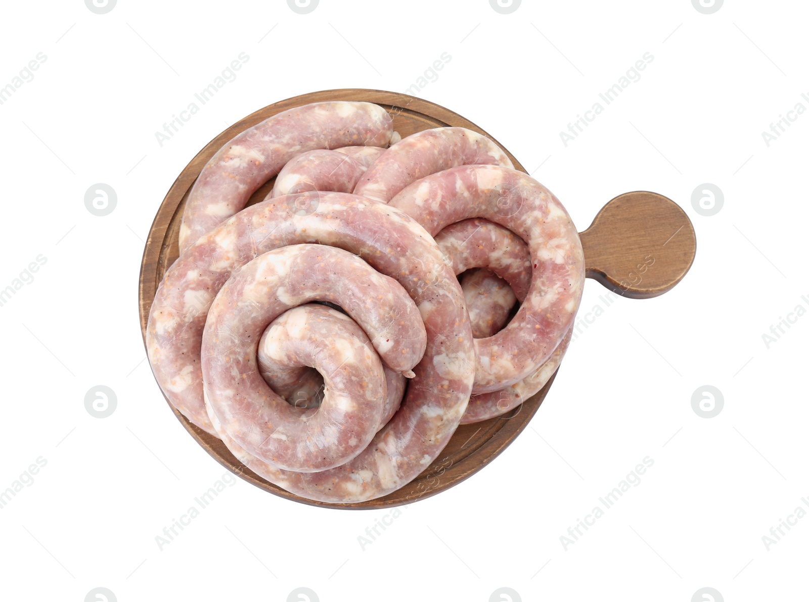 Photo of Board with homemade sausages isolated on white, top view