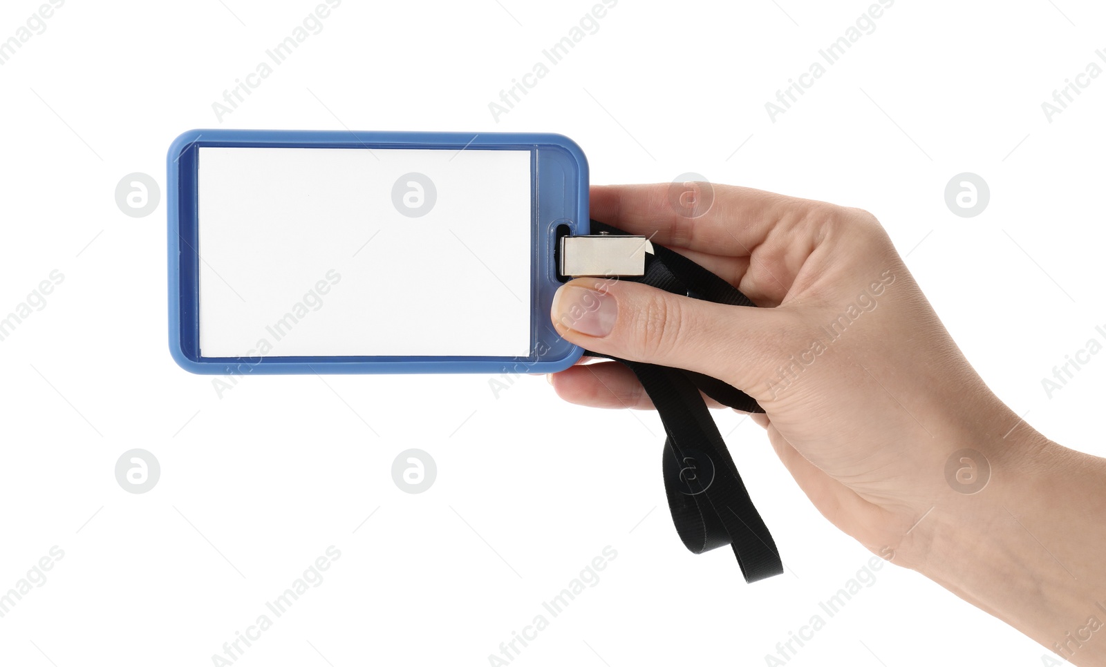 Photo of Woman holding blank badge with string on white background