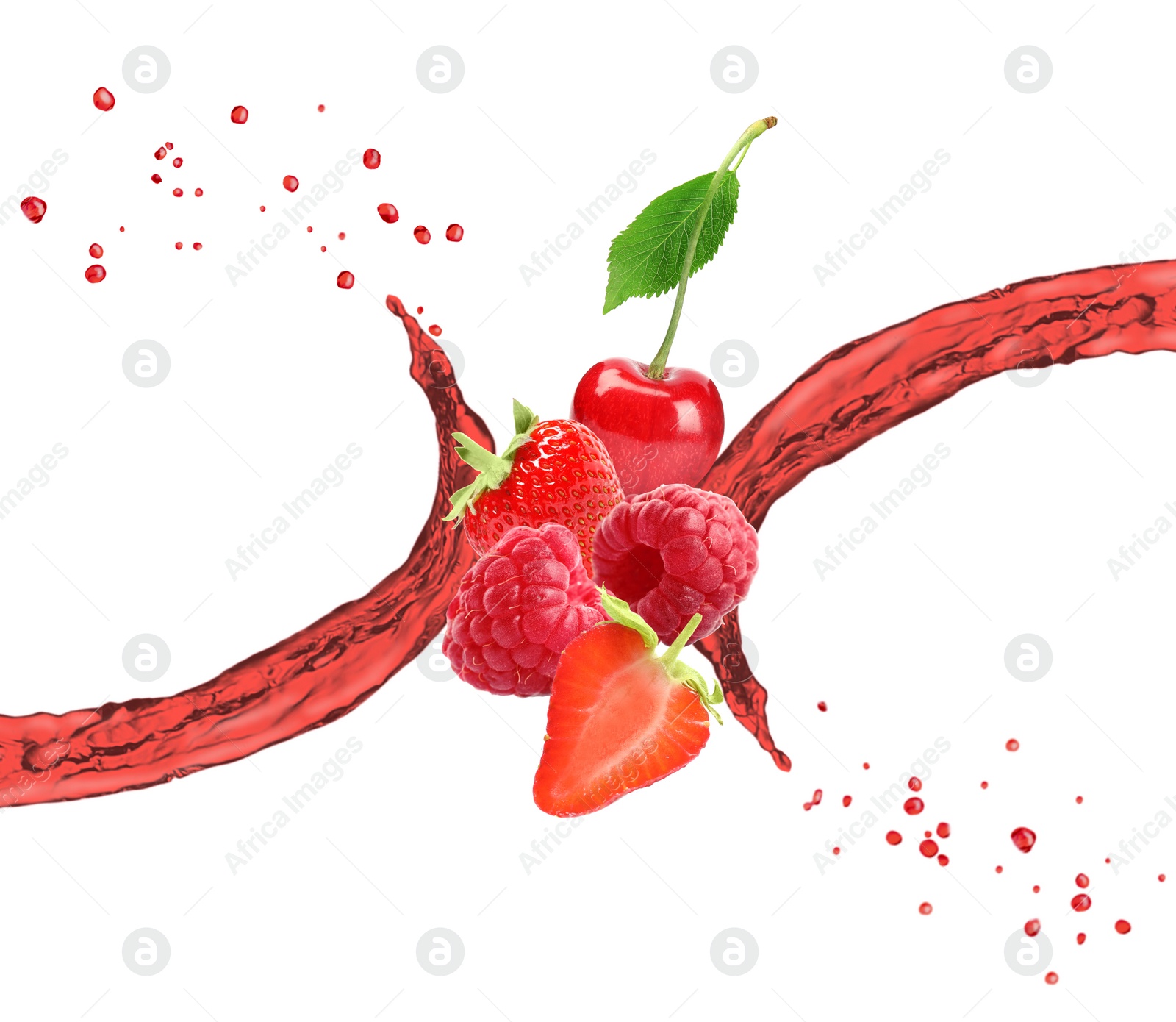 Image of Delicious ripe berries and splashes of juice on white background