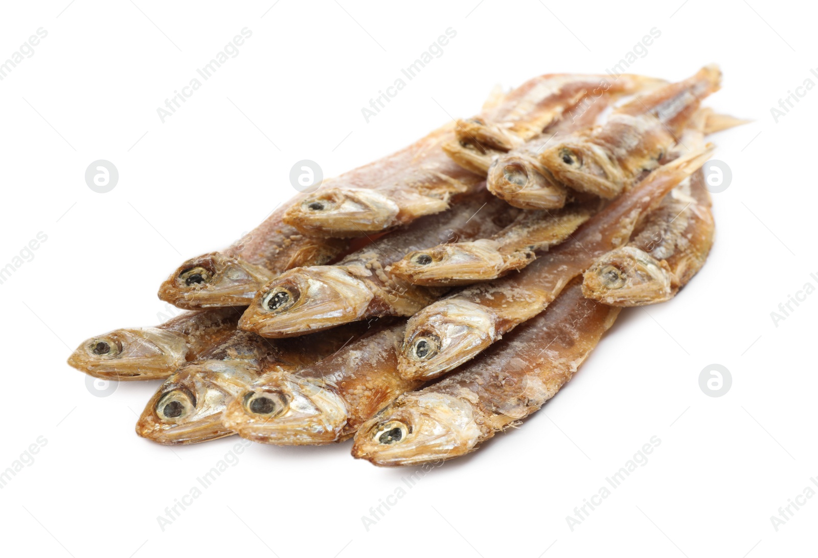 Photo of Delicious dried salted anchovies on white background