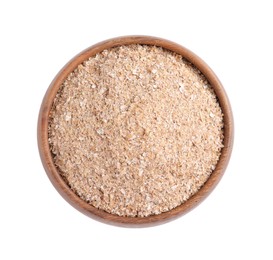 Photo of Wheat bran in wooden bowl on white background, top view