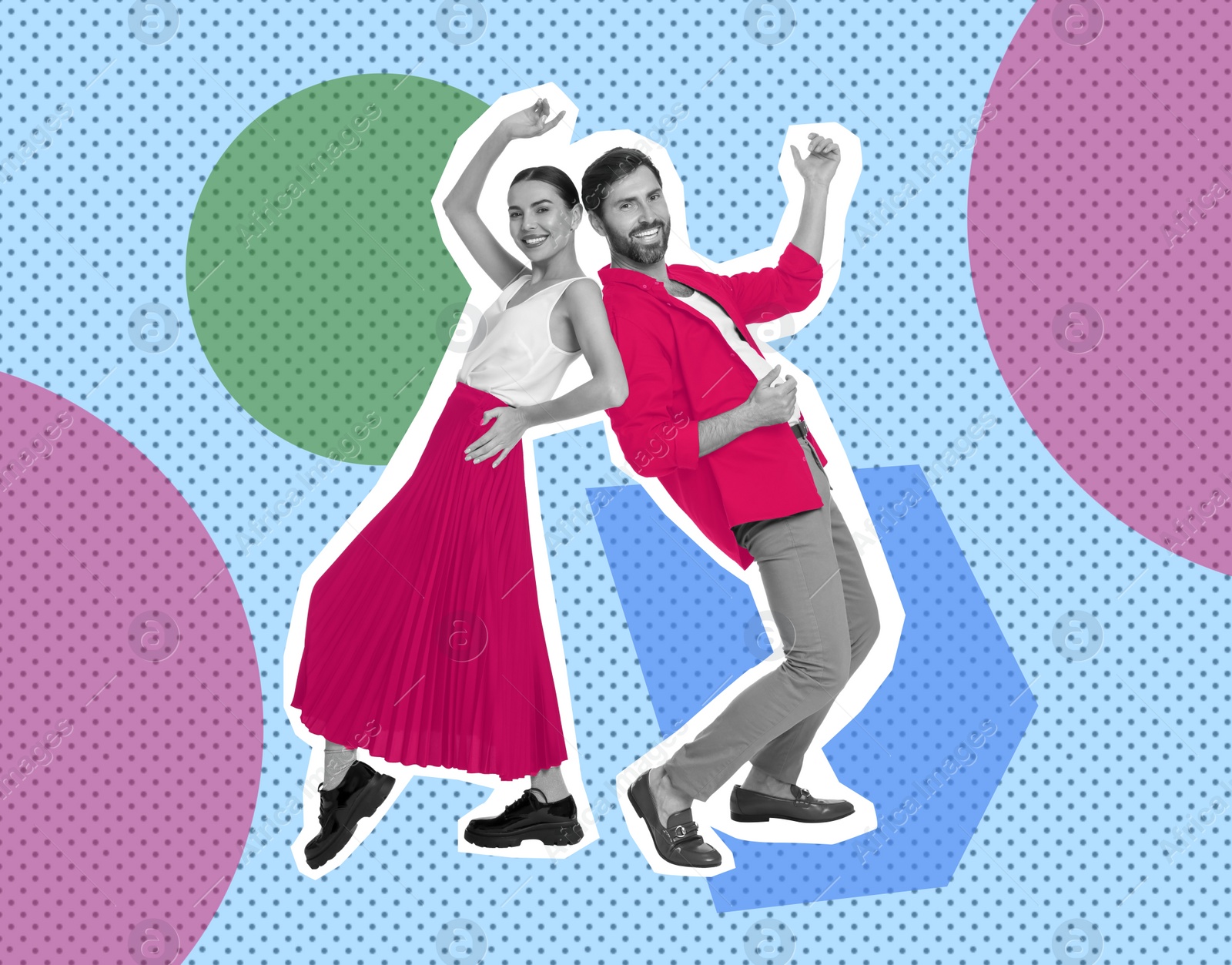 Image of Happy couple dancing on bright background. Creative collage with stylish man and woman. Concept of music, party, fashion, lifestyle