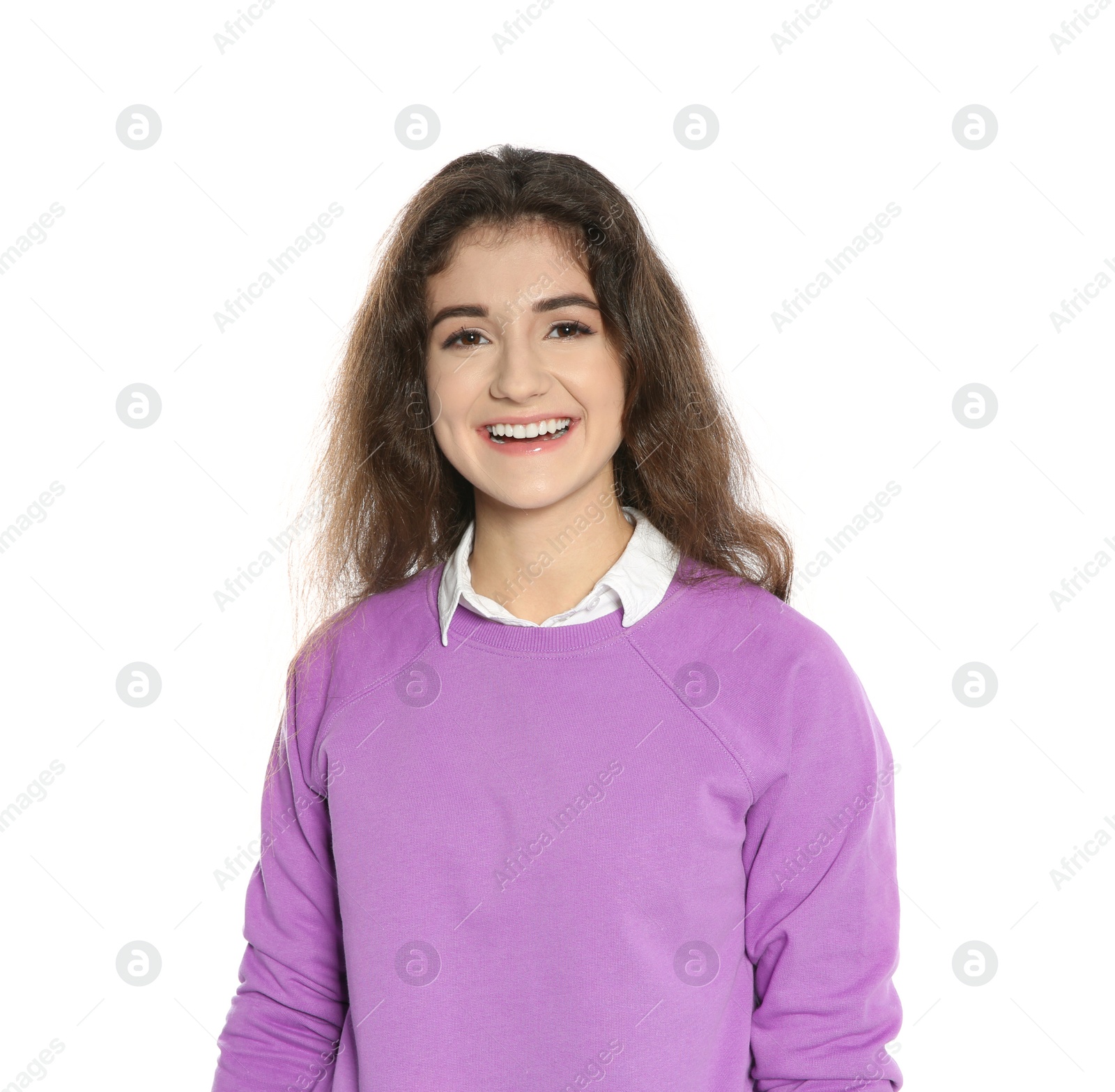 Photo of Beautiful young woman in stylish clothes on white background