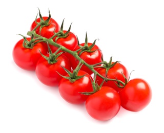 Photo of Branch of fresh cherry tomatoes isolated on white