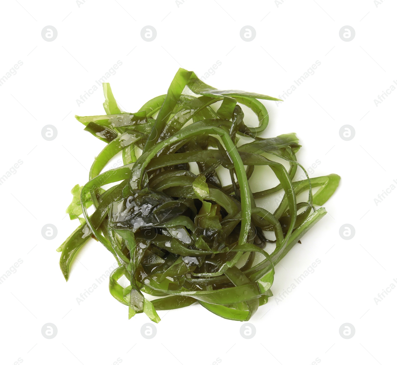 Photo of Tasty seaweed salad isolated on white, top view