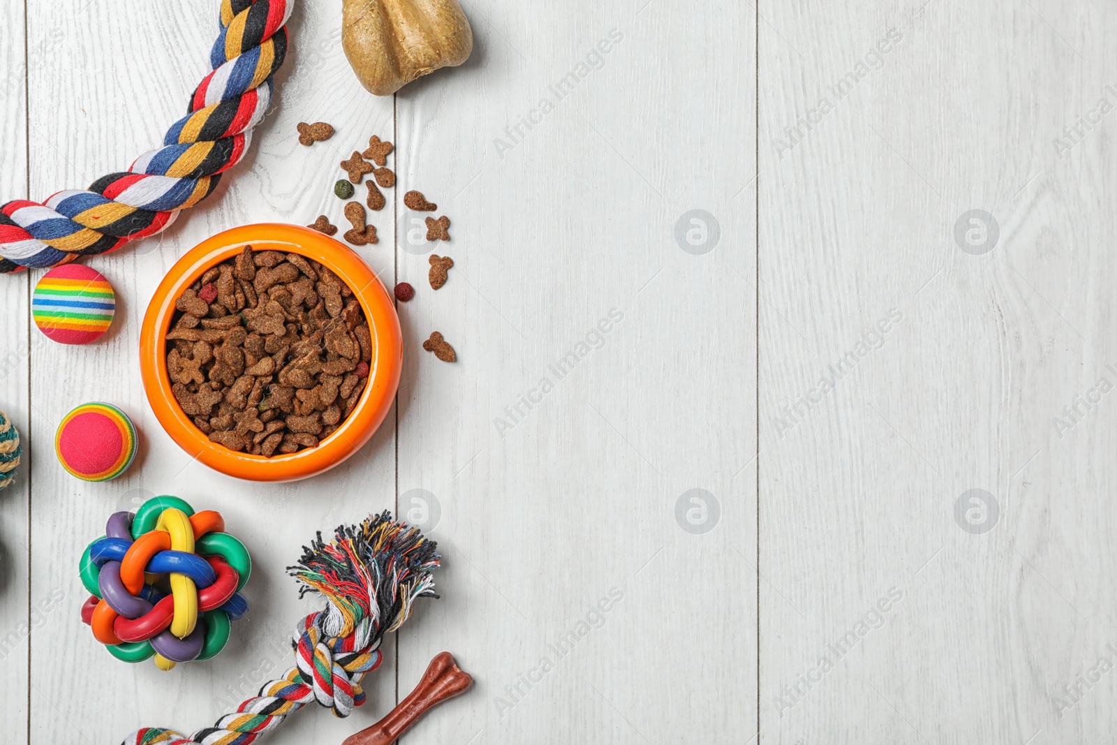 Photo of Bowl with food for cat or dog and accessories on wooden background. Pet care