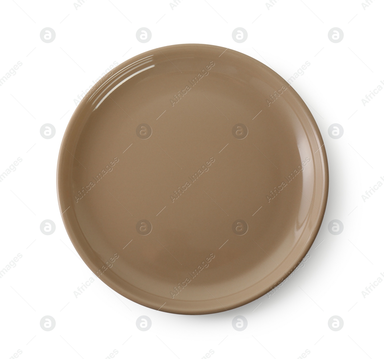 Photo of One light brown ceramic plate isolated on white, top view