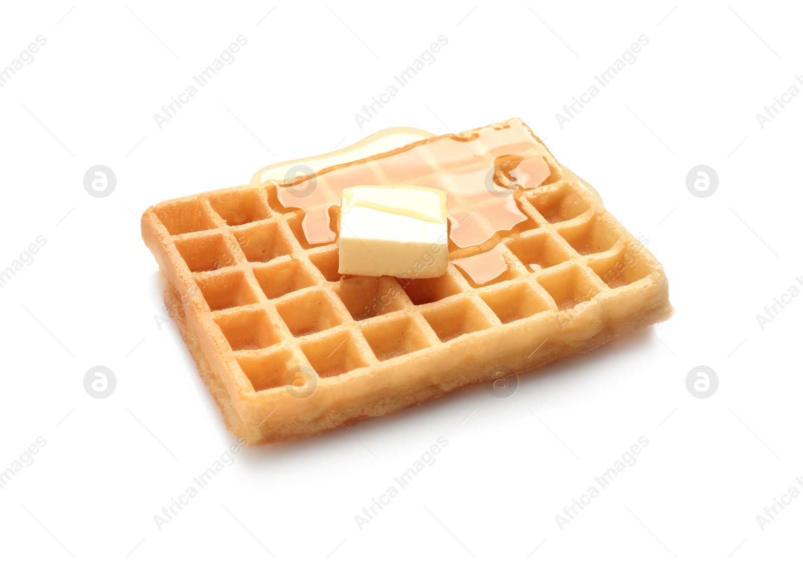 Photo of Delicious waffle with butter and honey on white background