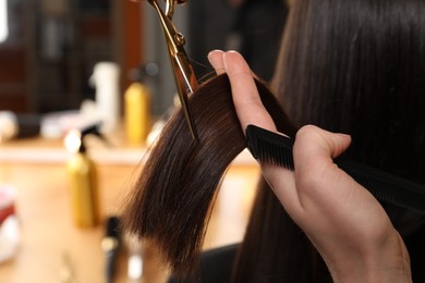 Photo of Hairdresser cutting client's hair with scissors in salon, closeup