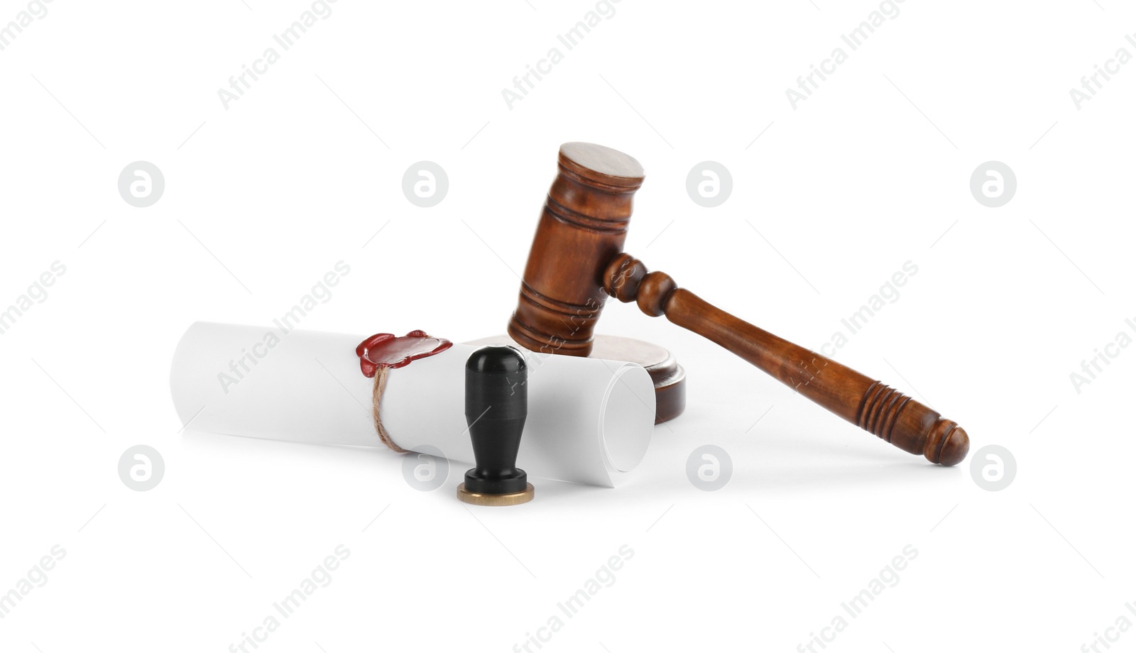 Photo of Notary's public pen, sealed document and gavel isolated on white