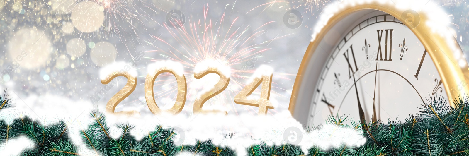 Image of Counting last moments to New 2024 Year. Greeting card with clock and fir branches covered with snow, banner design