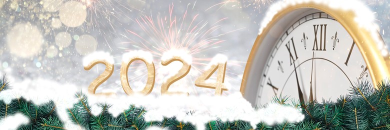 Counting last moments to New 2024 Year. Greeting card with clock and fir branches covered with snow, banner design