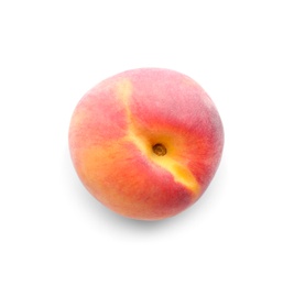 Photo of Delicious ripe juicy peach isolated on white, top view