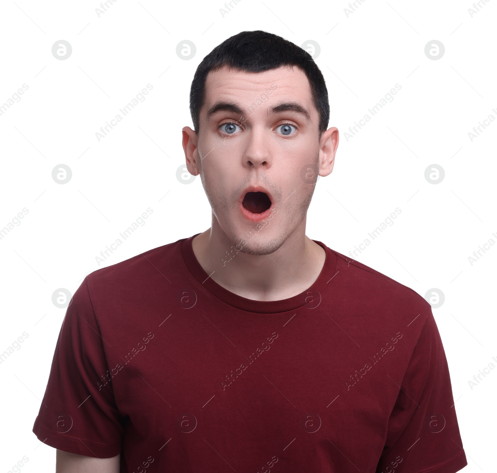 Photo of Portrait of surprised man on white background