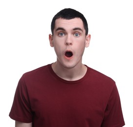 Photo of Portrait of surprised man on white background
