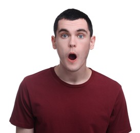 Portrait of surprised man on white background