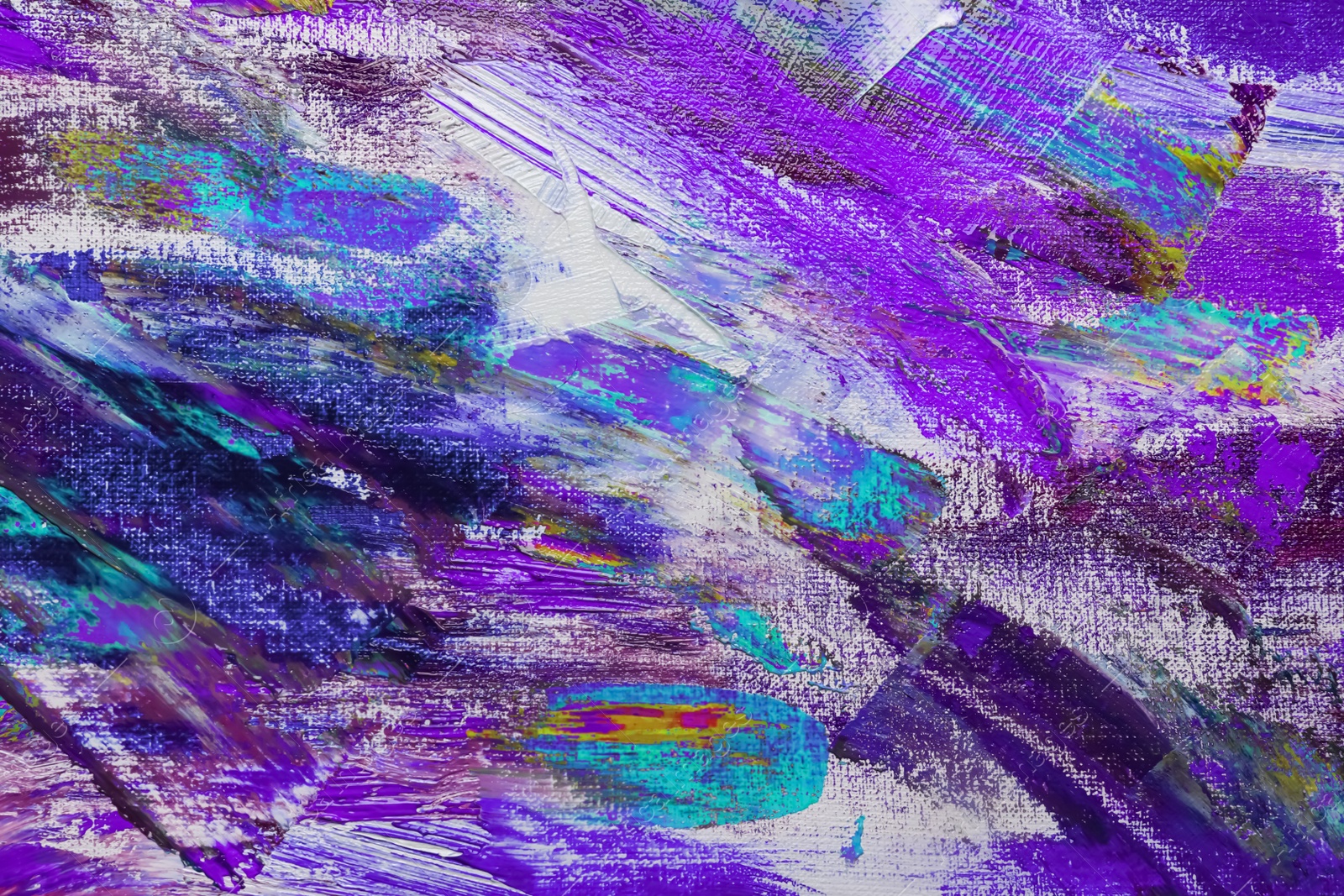 Image of Strokes of colorful acrylic paints on canvas, closeup