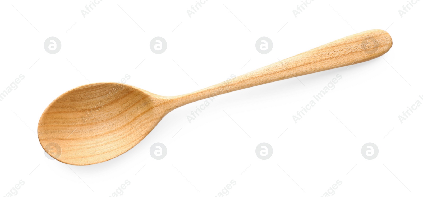 Photo of One empty wooden spoon isolated on white, top view