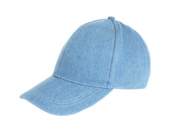 Photo of Stylish light blue baseball cap on white background
