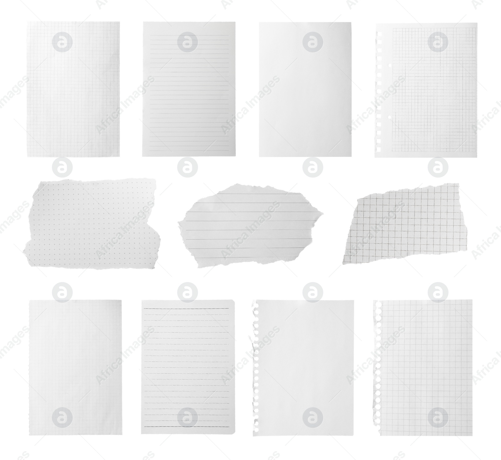 Image of Set of different notebook papers on white background