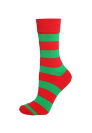 Photo of One red and green striped sock on white background