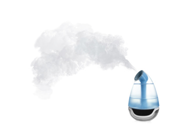 Image of New modern air humidifier with steam isolated on white