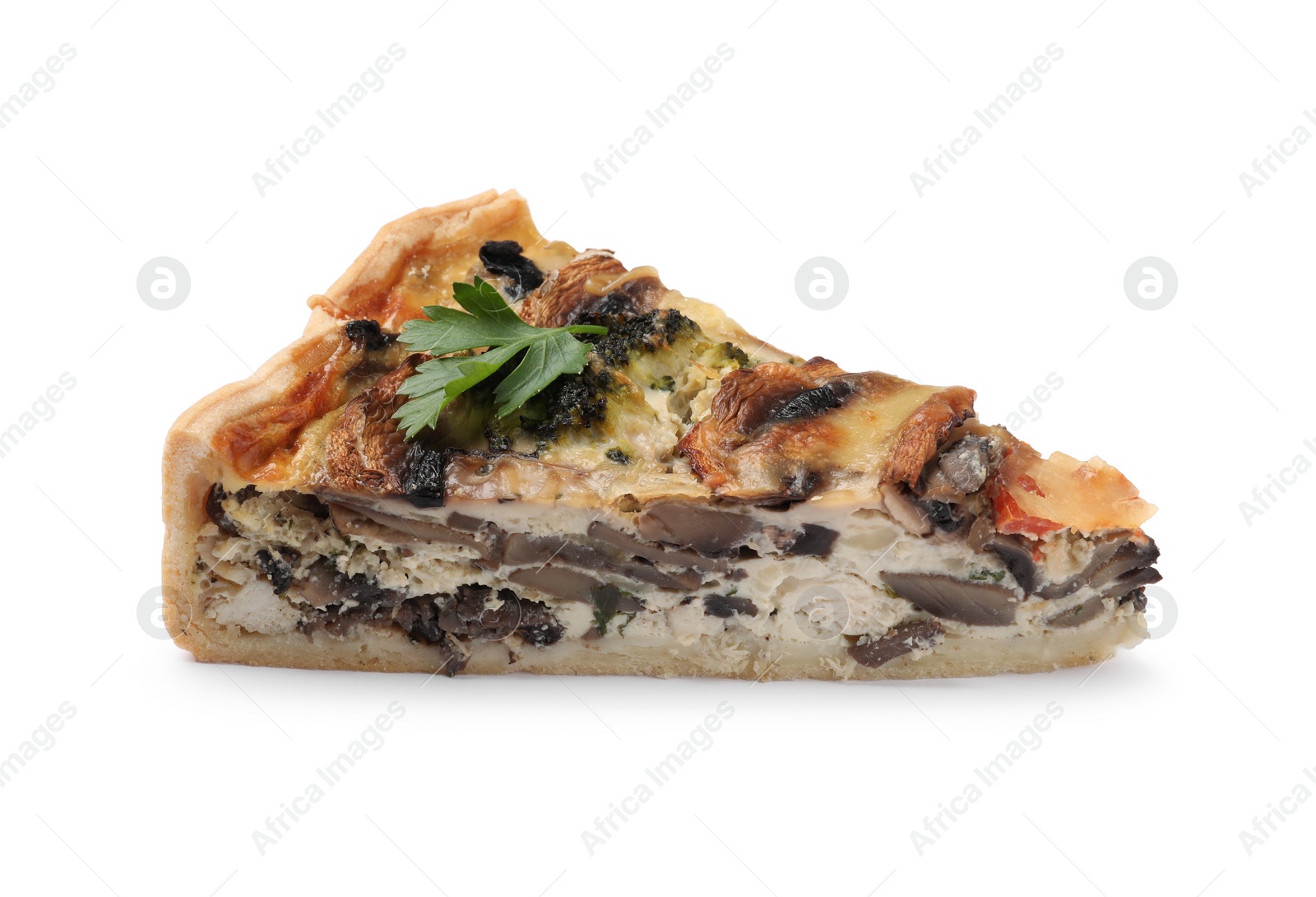 Photo of Piece of delicious quiche with mushrooms isolated on white