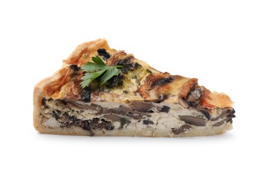 Piece of delicious quiche with mushrooms isolated on white