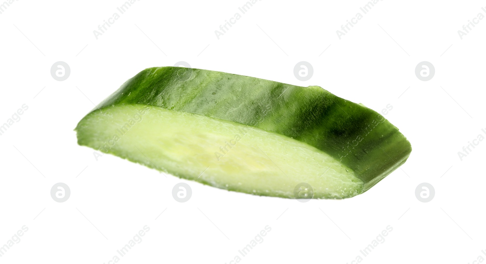 Photo of Cut fresh green cucumber on white background