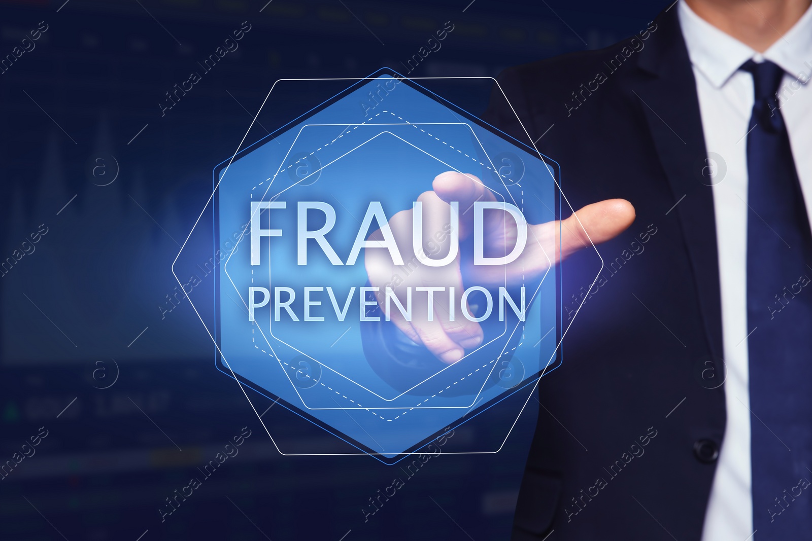 Image of Fraud prevention. Man using digital screen, closeup, Graphs and data on blue background